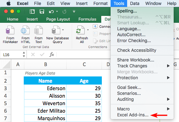 Clicking on Excel Add Ins