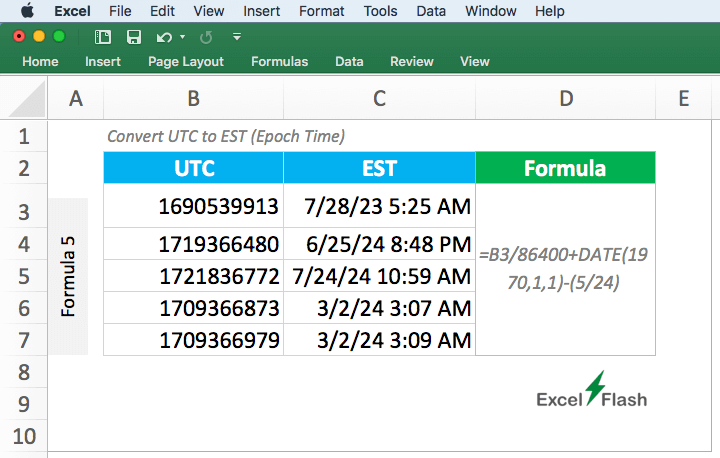 Convert UNIX Epoch UTC to EST in Excel