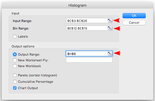 Histogram Settings for Excel Mac