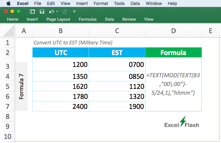 UTC Military to EST Excel