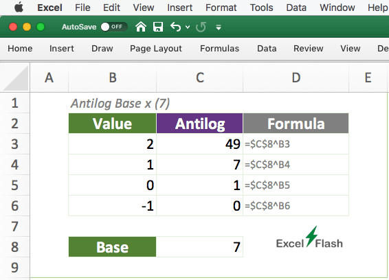 Antilog of Random Base in Excel