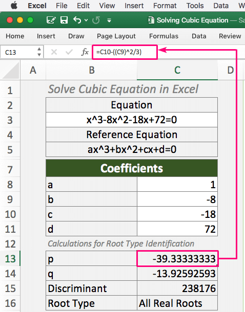 Calculating P in Excel to Solve Cubic Equation