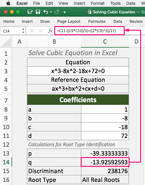 Calculating Q in Excel to Solve Cubic Equation