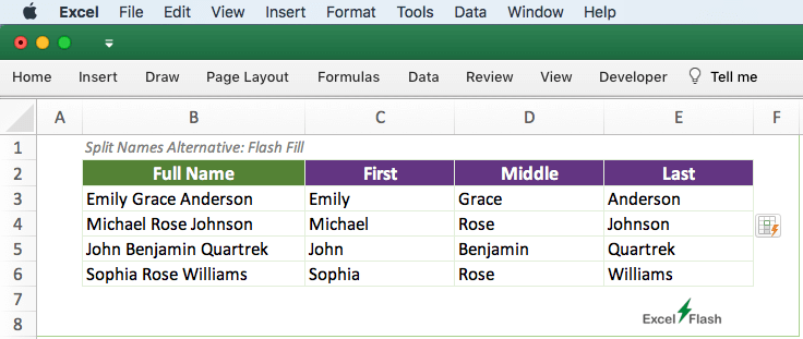 Flash Fill to Split Names in Excel