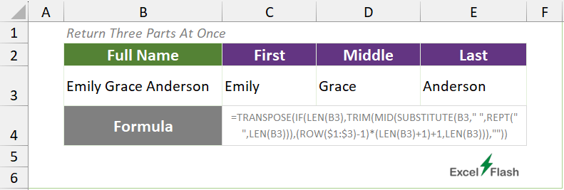 Formula to Split Three Parts of Names in Excel