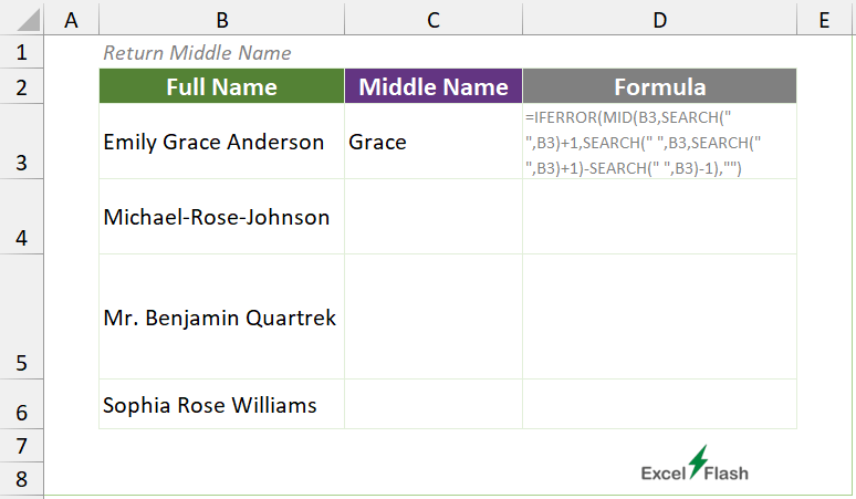 IFERROR, MID, SEARCH Formula to Split Middle Names in Excel