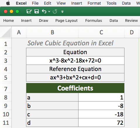 Inserting Cubic Equation Coefficients