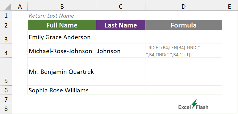 RIGHT, LEN, FIND Formula to Split Last Names in Excel