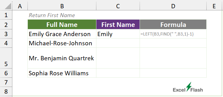 Split First Names Using LEFT, FIND Formula in Excel