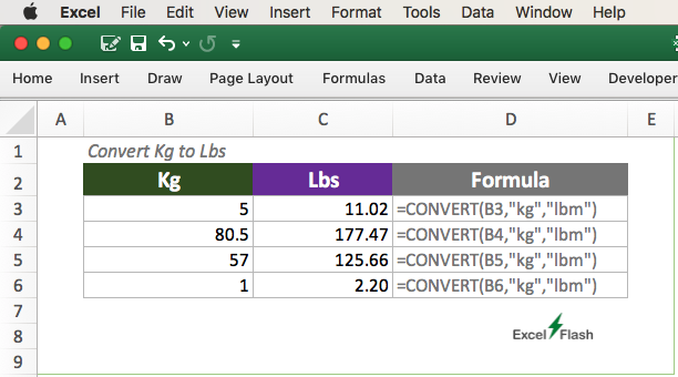 Using CONVERT Function for Kg to Lbs in Excel
