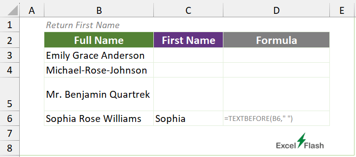 Using TEXTBEFORE Formula to Split First Names in Excel